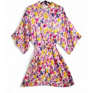 Vintage Delicates Floral Satin Robe Kimono Wrap Pink Yellow Womens Size Large